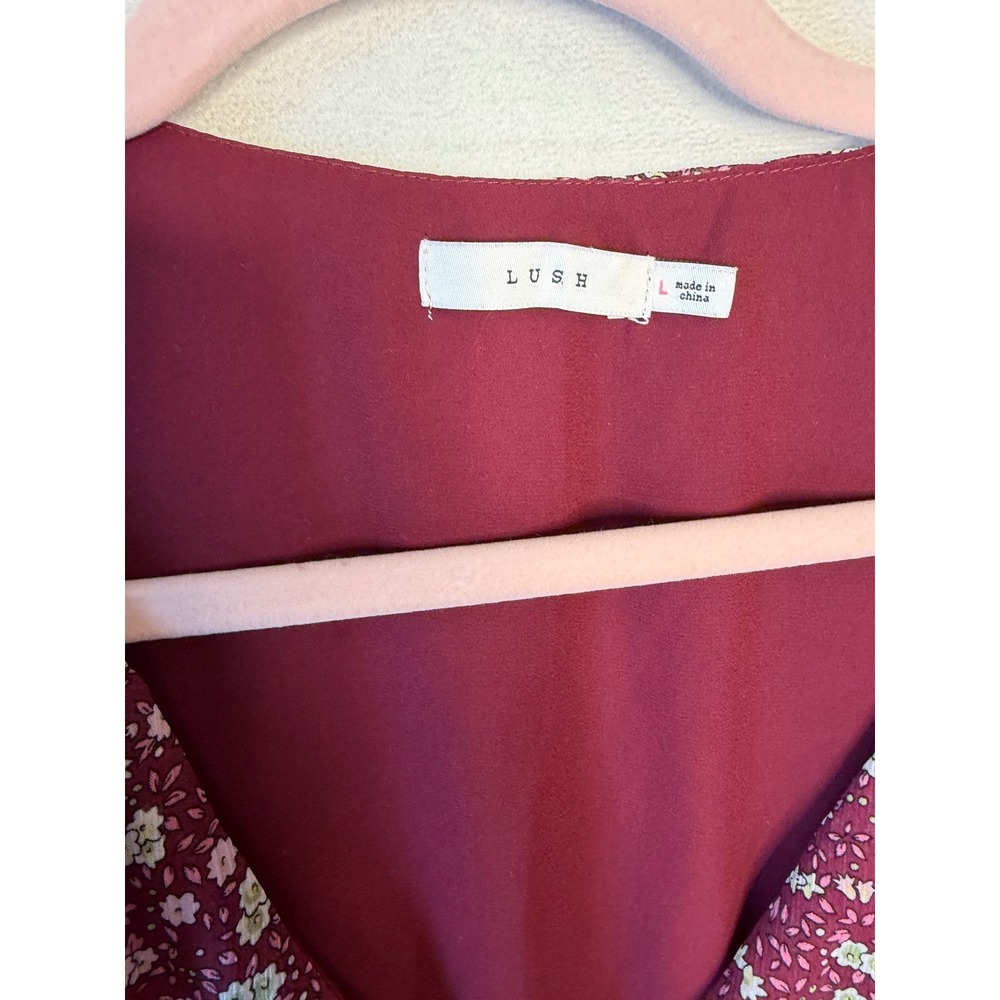 Lush Womens Berry Floral Smocked Mini Dress Long Sleeve V-Neck LD44335-FCI L - Picture 3 of 5